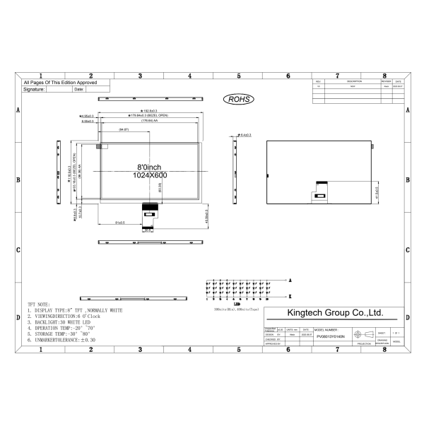 8.0 inch 1024x600 TFT LCD display